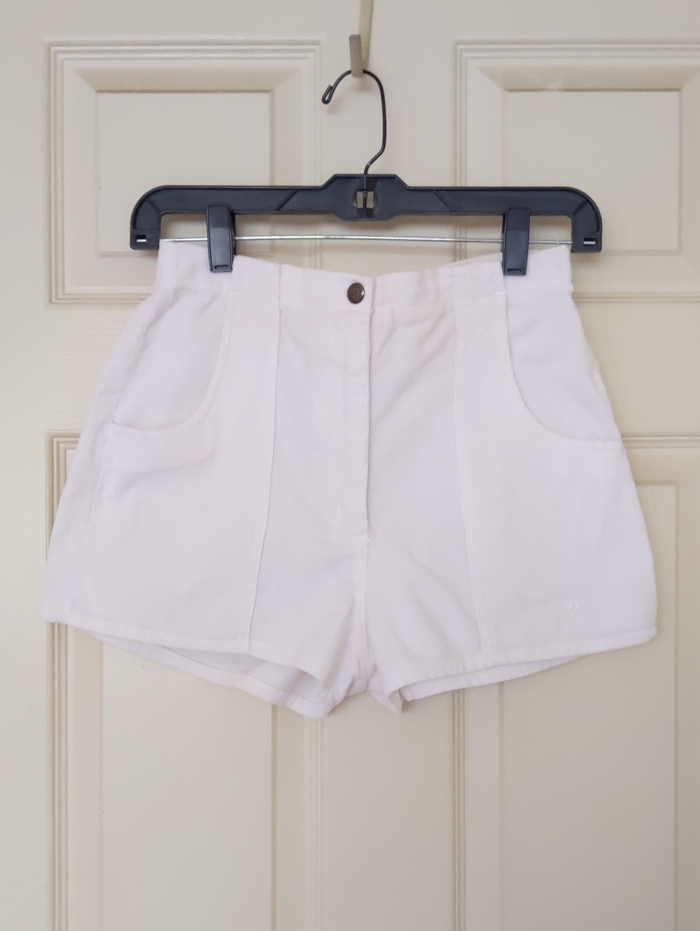 OP White High-Waist Shorts With Embroidered Brand Name & Light Corduroy Fabric.
